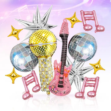 80s music party balloon set featuring a gold microphone, pink guitar, pink musical notes, silver disco balls, gold stars, and silver starburst balloons, creating a retro disco vibe.