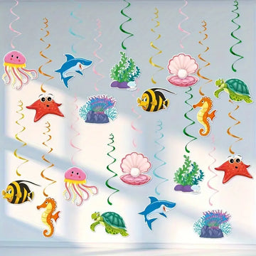 Colorful jellyfish paper lanterns hanging above a mermaid-themed birthday dessert table