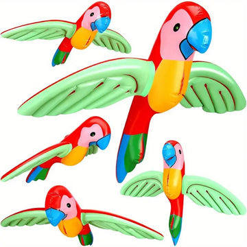 Colorful inflatable parrots with green wings and red-yellow bodies for tropical party decor
