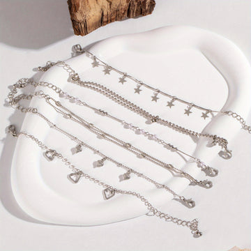 6-Piece Silver Layered Bracelet Set – Adjustable Chain & Bead Bracelets with Stars, Hearts, Pearls | Women’s Stacking Jewelry