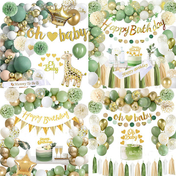 Green and gold balloon garland for a baby shower celebration with 'Oh Baby' and giraffe decoration.