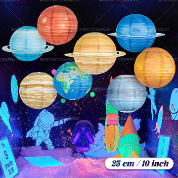 Hanging solar system planets with spiral streamers for kids' space party