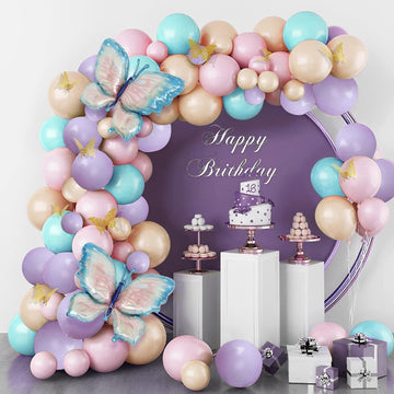 Blue and Pink Butterfly Balloon Decoration Kit with foil butterflies and pastel balloons for birthday parties