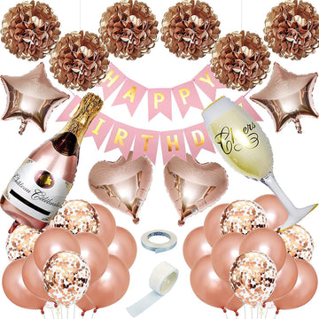 Rose Gold Birthday Party Decoration Kit with Balloons, Foil Stars, Champagne Bottle, and Banner