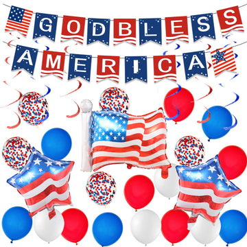 Patriotic 'God Bless America' banner with balloons, foil stars, and confetti for a 4th of July or Independence Day celebration.