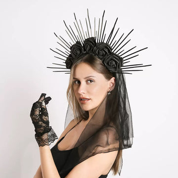 Woman wearing Gothic Black Rose Halo Crown with Veil for Halloween or Day of the Dead costume
