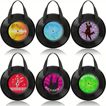 Retro vinyl record themed party favor bags in 6 colorful music designs, perfect for 50s rock and roll birthday celebrations.