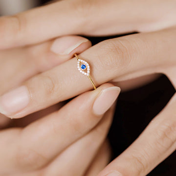 925 Sterling Silver Evil Eye Ring with Blue Cubic Zirconia, Dainty Open Eye Protection Ring, Adjustable Gold Plated Fine Jewelry for Women, Delicate Spiritual Ring for Daily Wear and Gift