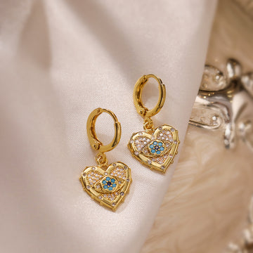 Evil Eye Heart Jewelry Set – Gold Necklace & Earrings | Protective Amulet, CZ Stones, Blue Accent