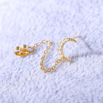 S925 Sterling Silver Dangle Chain Stud Earrings Set for Women, Asymmetrical Design with Star, Moon, Rose, Pearl, and Rainbow Zircon, Delicate Cartilage Earrings for Multiple Piercings, Minimalist Jewelry Gift for Girls and Women