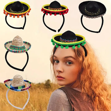 Woman wearing a mini black sombrero headband with green pom-poms at a fiesta-themed outdoor party