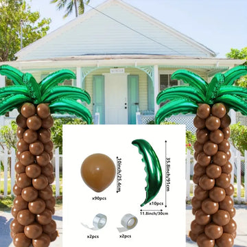 palm tree balloon arch kit with brown trunk balloons and green foil palm leaves for tropical party decor