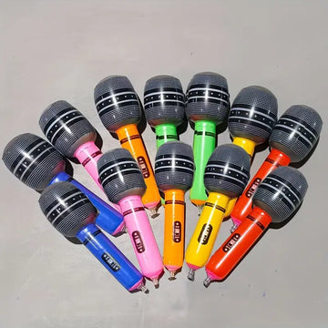 Full set of 12 inflatable microphones in rainbow colors - perfect for party entertainment and photo booths