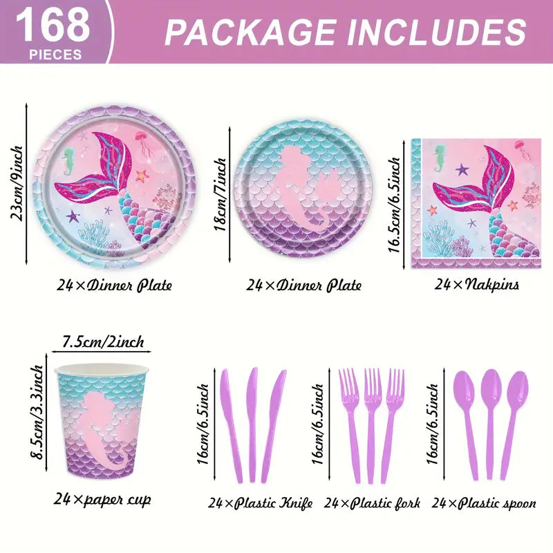 Mermaid Party Supplies Set - 168 PCS/For 24 Guests Under the Sea Themed Disposable Tableware for Kids Birthday