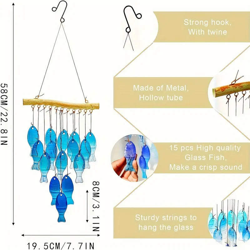 Glass Fish Wind Chime – Soothing and Calming Sound, 15 Pieces of High-Quality Glass Fish, Perfect for Home Décor, Garden Decoration, or Relaxation