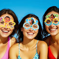 People smiling while wearing Moana-themed glasses at a beach party, showing different character designs.