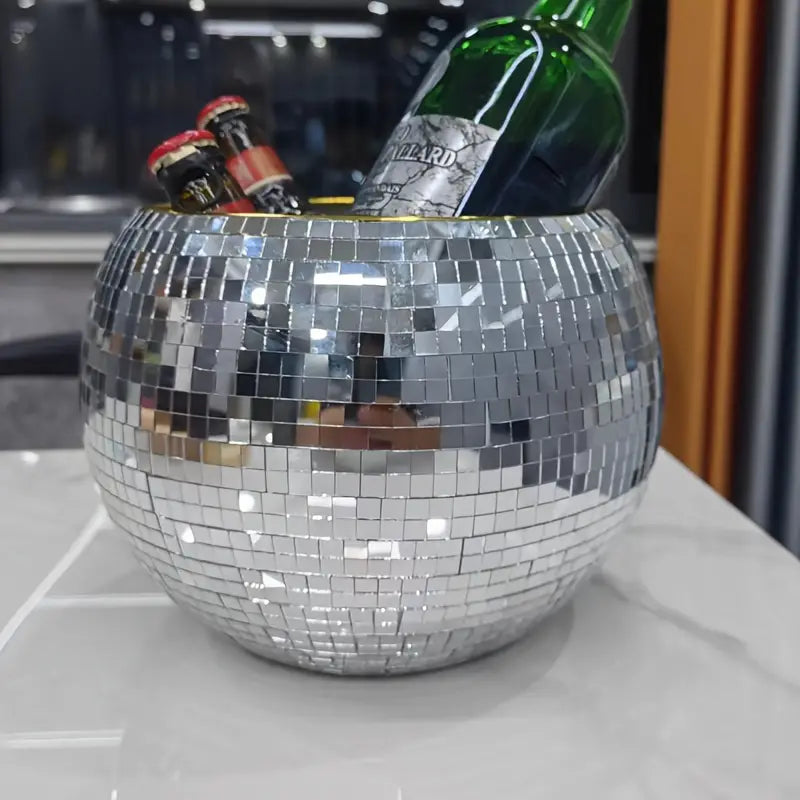 Disco Ball Ice Bucket - Stylish Mirrored Cooler for Parties, Bars, and Events - Durable, Large 9.8” x 7” Size