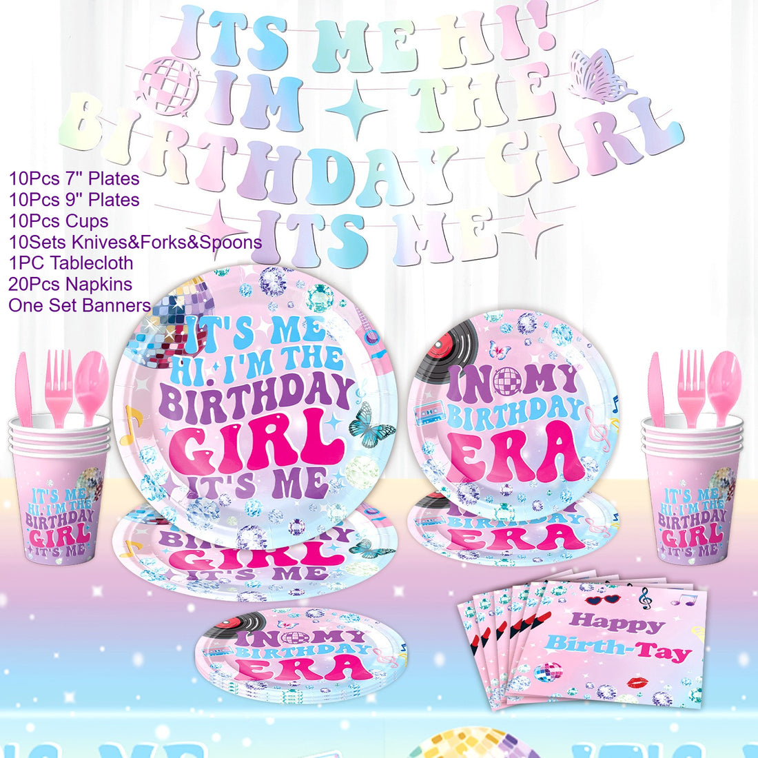 “It’s Me! I’m the Birthday Girl” Party Set – Includes Plates, Cups, Banner, Napkins, Tablecloth, and More – Perfect for Girls’ Birthday, Celebration, and Party Decor