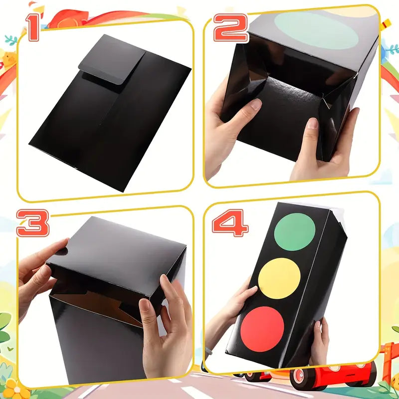 Kids race car party setup with traffic light props