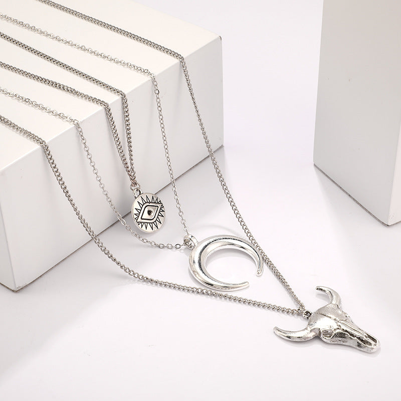 Boho Layered Evil Eye Necklace Set – 3-Layer Moon Horn & Bull Skull Amulet Jewelry