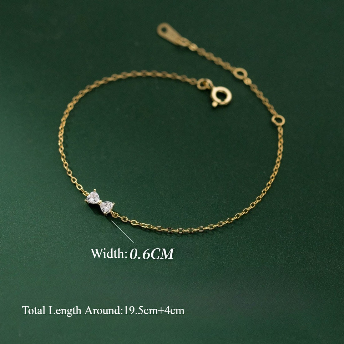 925 Sterling Silver Gold Dainty Bracelet – Double Heart Zircon Bow Chain, Adjustable Minimalist Jewelry for Women