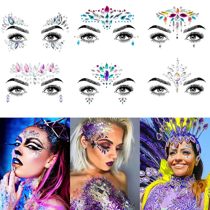 6PCS 3D Crystal Face Tattoo Stickers – Festival, Rave, and Party Body Jewelry | Self-Adhesive Rhinestone Gems for Face & Body Decoration