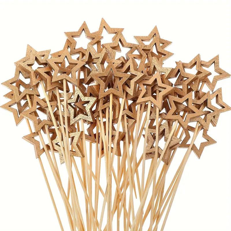 100 PCS Wooden Star Cocktail Picks - 5.5 Inch Bamboo Skewers for Party Appetizers, Fruit, and Desserts