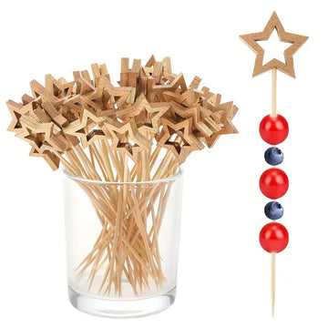 100 PCS Wooden Star Cocktail Picks - 5.5 Inch Bamboo Skewers for Party Appetizers, Fruit, and Desserts