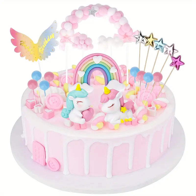 Unicorn Cake Topper Set (20 PCS) - Rainbow, Stars, and Unicorn Decorations for Kids’ Birthday Party Cakes