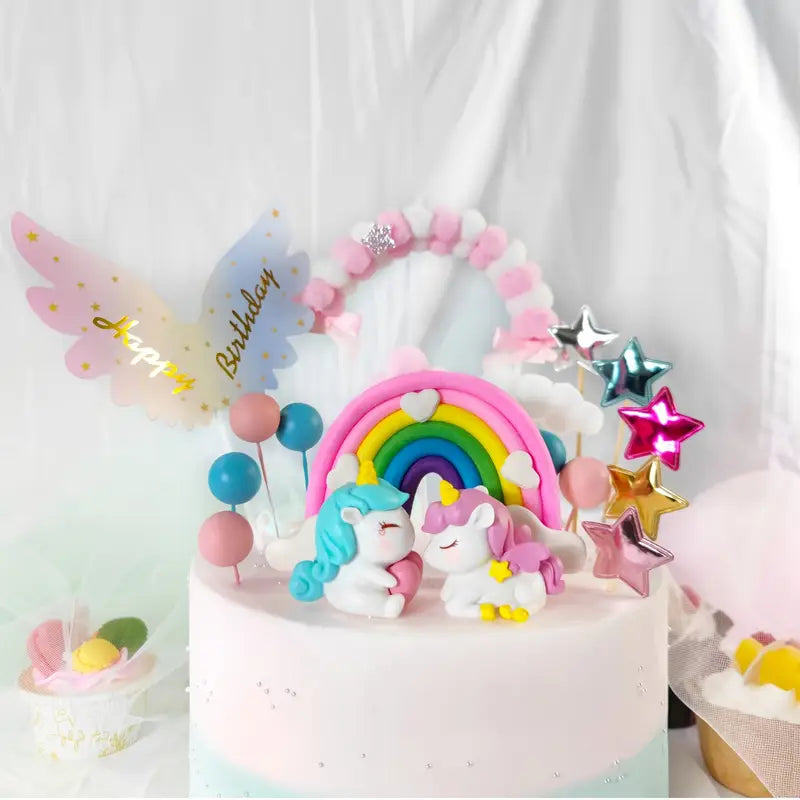 Unicorn Cake Topper Set (20 PCS) - Rainbow, Stars, and Unicorn Decorations for Kids’ Birthday Party Cakes