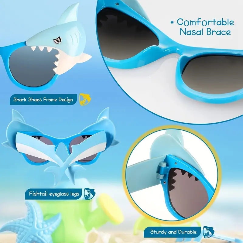 Detailed view of shark sunglasses, featuring sturdy frame and UV protection lenses