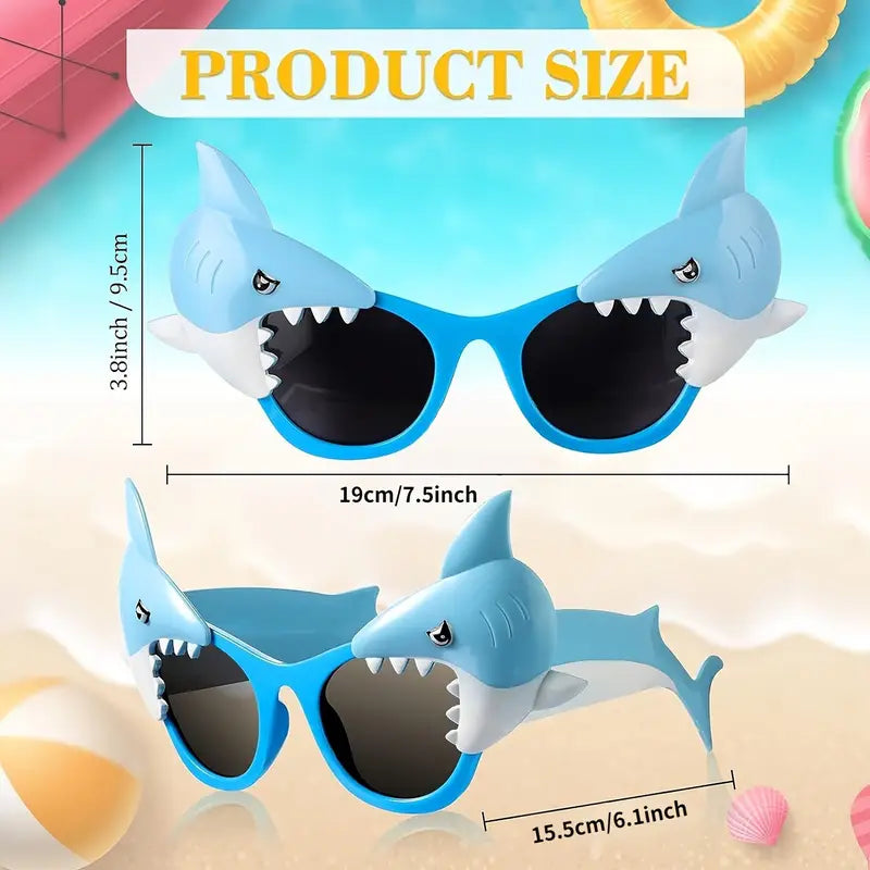 Size guide for shark sunglasses, showing measurements and design details