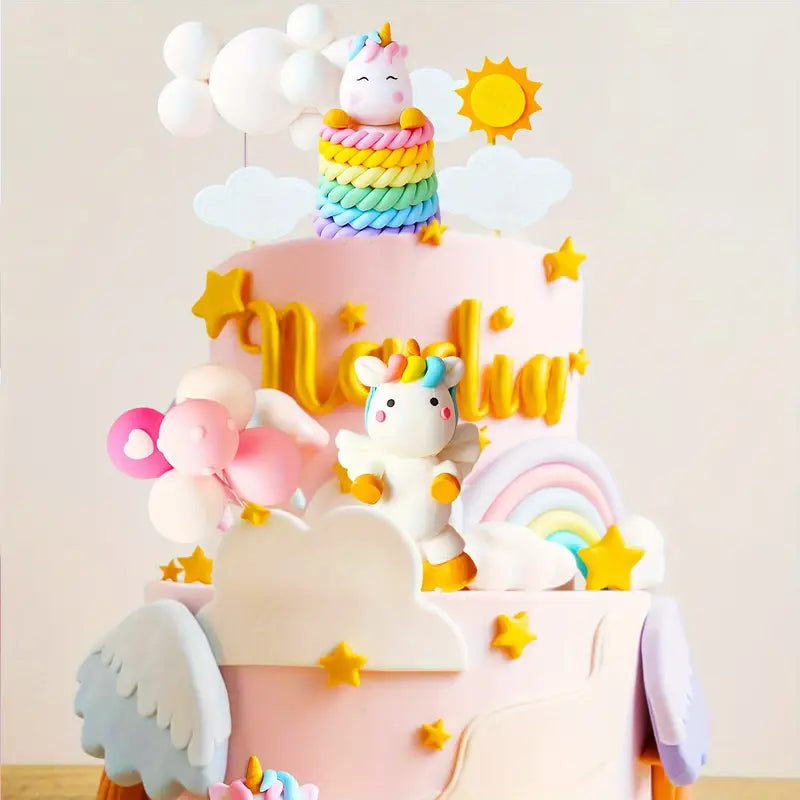 Unicorn Cake Topper Set (15 PCS) - Includes Clouds, Balloons, and Cute Unicorns for Birthday and Baby Shower Cakes