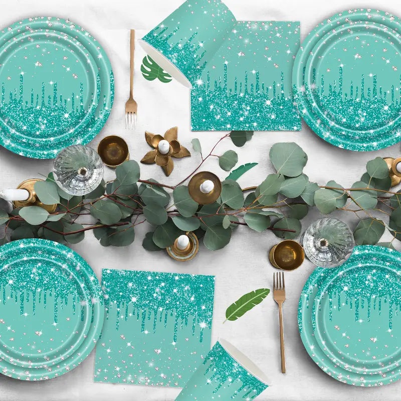 80PCS Sparkling Teal Disposable Party Tableware – Plates, Cups & Napkins for 20 Guests