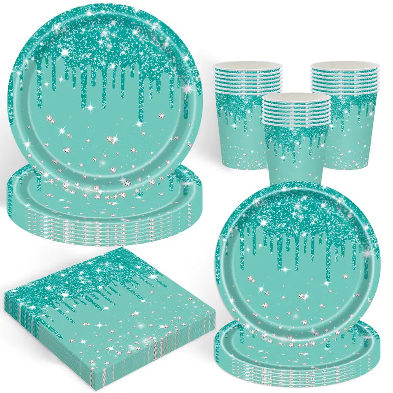 80PCS Sparkling Teal Disposable Party Tableware – Plates, Cups & Napkins for 20 Guests