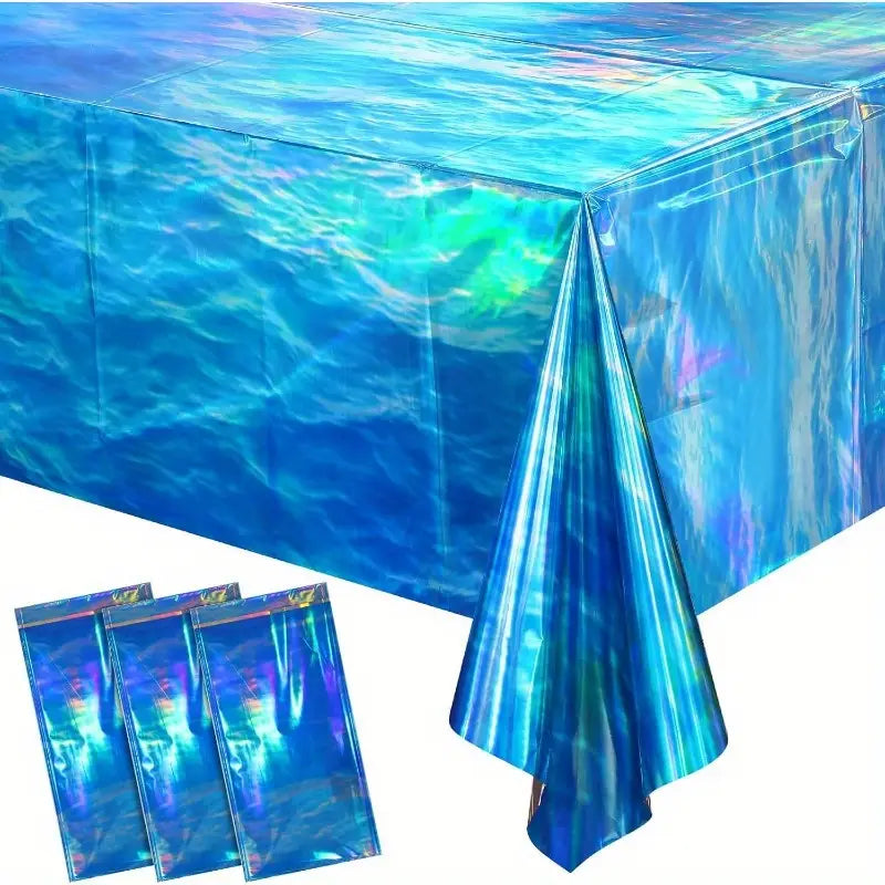 Iridescent Ocean Waves Tablecloth – 108-inch Holographic Blue Table Cover for Party, Wedding, and Themed Events (3 Pack)