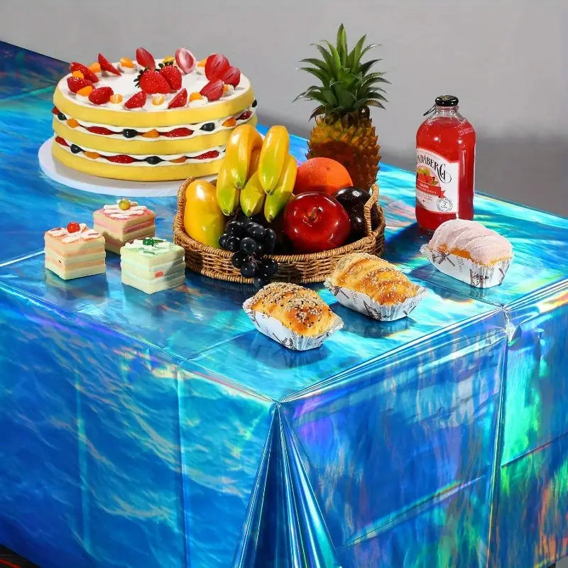 Iridescent Ocean Waves Tablecloth – 108-inch Holographic Blue Table Cover for Party, Wedding, and Themed Events (3 Pack)