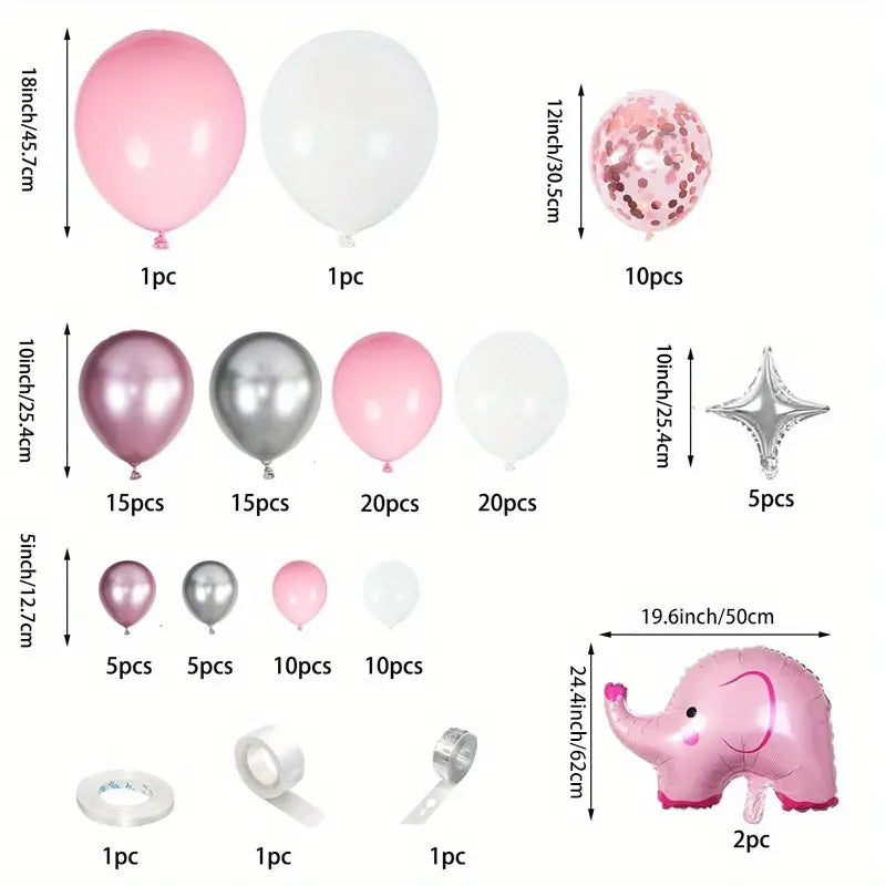 pink elephant balloon kit for baby shower with latex, foil and confetti balloons