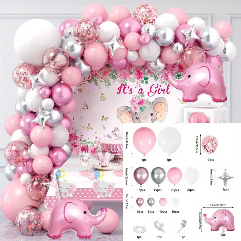 baby girl balloon decoration kit with pink, white, silver balloons and elephant foil balloons