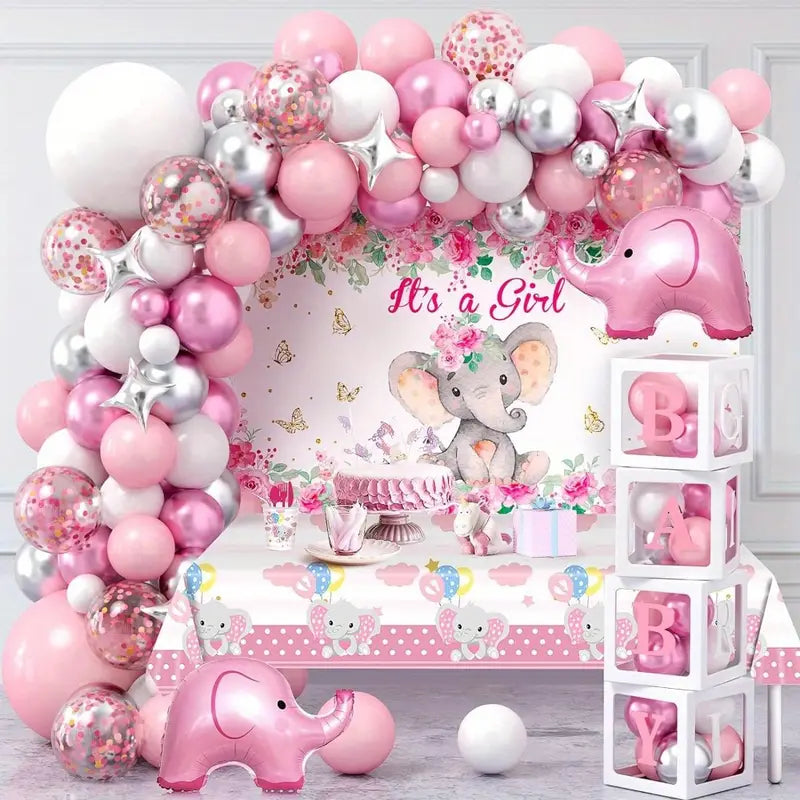 pink it's a girl balloon arch decoration with elephant and baby shower theme