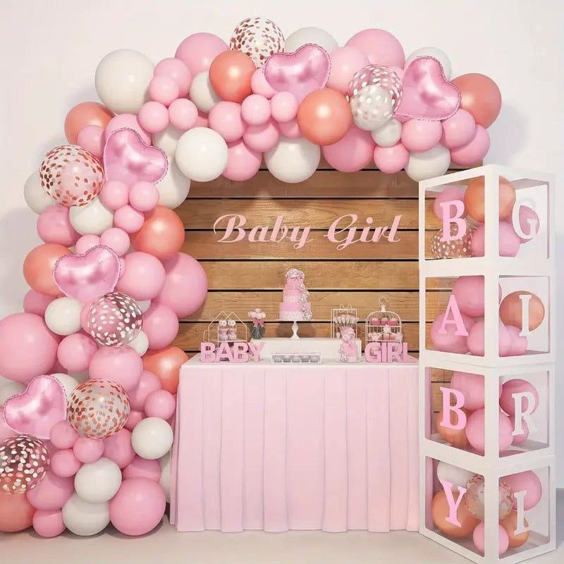gender reveal or baby girl party decor with pastel balloon setup