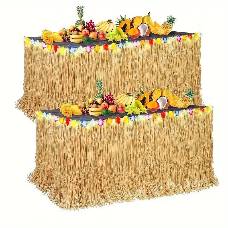 Hawaiian Luau Table Skirt - Tropical Grass Table Decoration for Hawaiian, Tiki, Beach, and Summer Party (39.37”x23.62”)