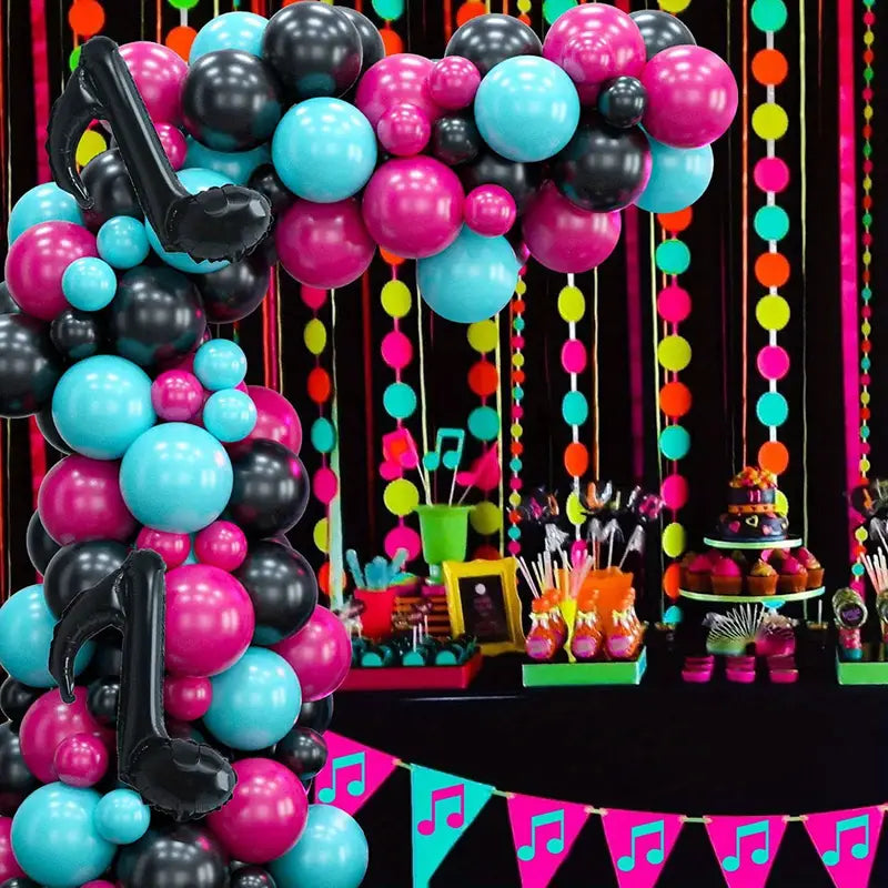 music party balloon arch kit for kids or teen birthday with neon note decorations