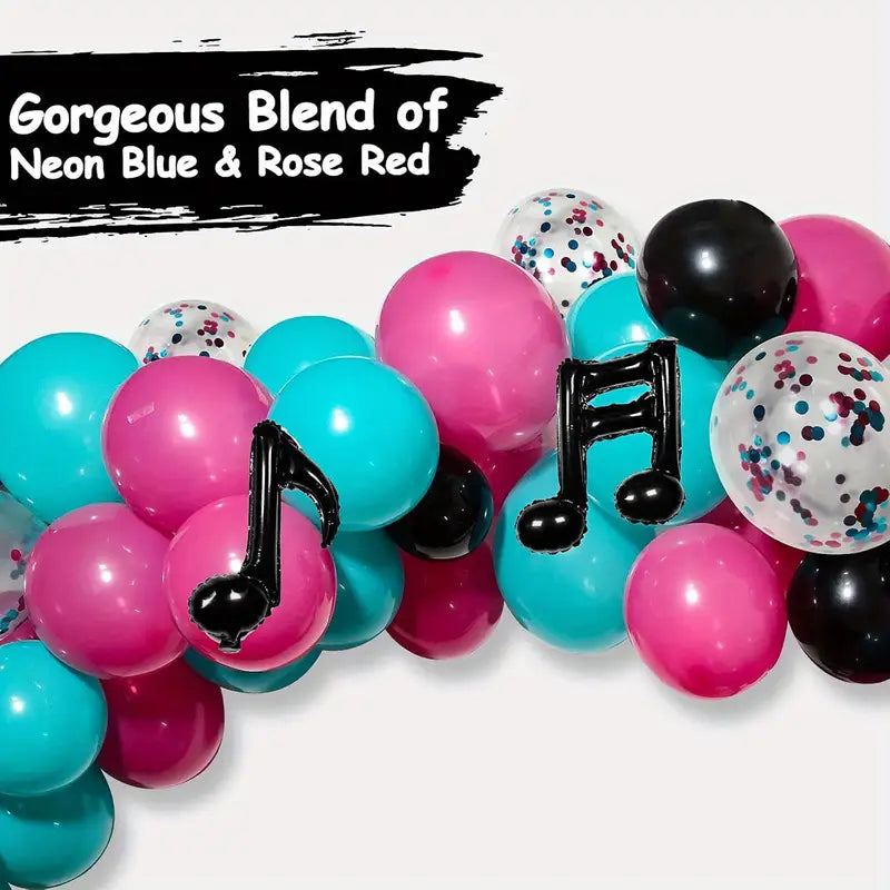 dance party decoration set with bold music symbols and confetti balloons