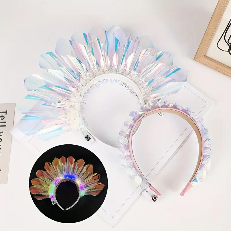 LED Light-Up Crystal Crown Headband – Festival Rave Party Headdress for Women and Girls