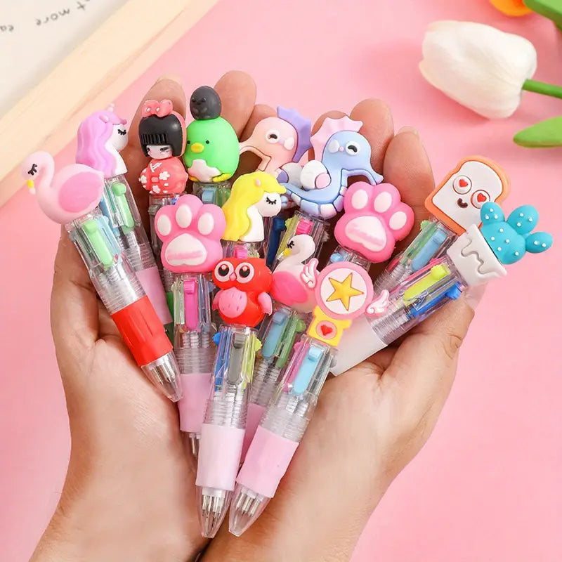 4-in-1 Retractable Cute Pens – Set of 16 Colorful Cartoon Design Gel Pens for Party Favors, Gifts, and Kids (Red, Green, Blue, Grey Ink)