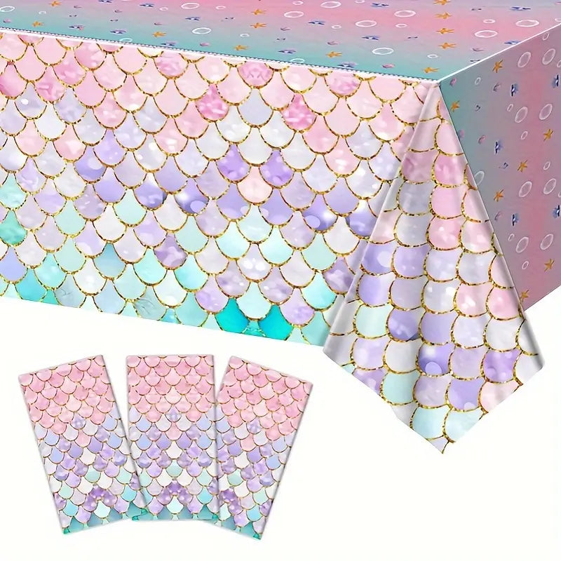 Set of 3 Mermaid Theme Tablecloths - Pastel Scales and Glitter Design for Birthday Parties and Events