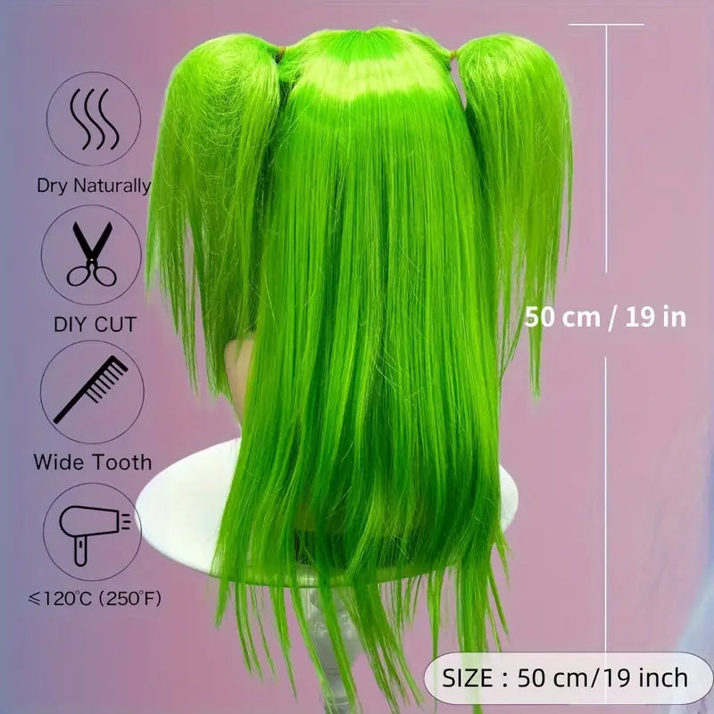 Neon green cosplay wig with double ponytail style displayed from back
