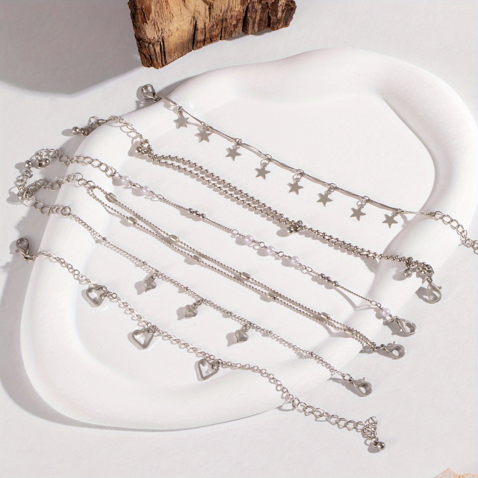 6-Piece Silver Layered Bracelet Set – Adjustable Chain & Bead Bracelets with Stars, Hearts, Pearls | Women’s Stacking Jewelry