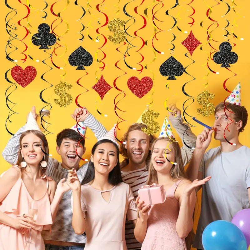 Casino Party Hanging Decorations – 18 Packs with 30 Pcs colorful Swirl Streamers Glittery Playing Cards, Dollar Signs, and Swirl Streamers for Birthday & Celebration